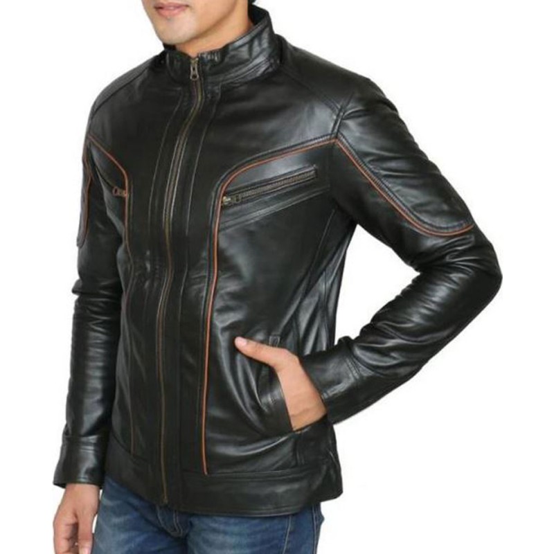 Men's FJM445 Biker Designer Brown Striped Leather Jacket Men's FJM445 Biker Designer Brown Striped Leather Jacket