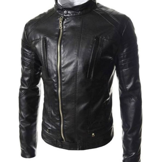 Men's FJM457 Designer Asymmetrical Motorcycle Black Leather Jacket   