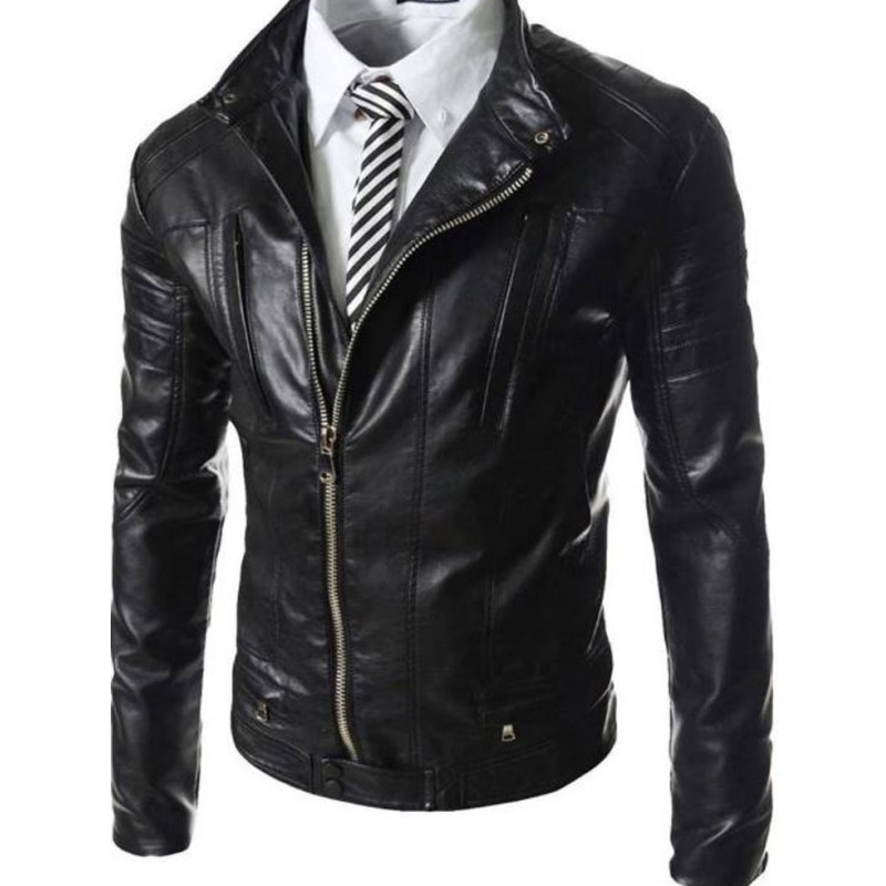 Men's FJM457 Designer Asymmetrical Motorcycle Black Leather Jacket Men's FJM457 Designer Asymmetrical Motorcycle Black Leather Jacket