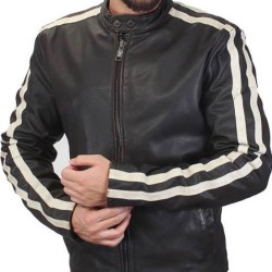 Men's FJM473 Striped Dark Brown Leather Biker Jacket