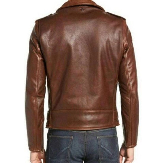 Men's FJM478 Biker Asymmetrical Belted Brown Leather Jacket