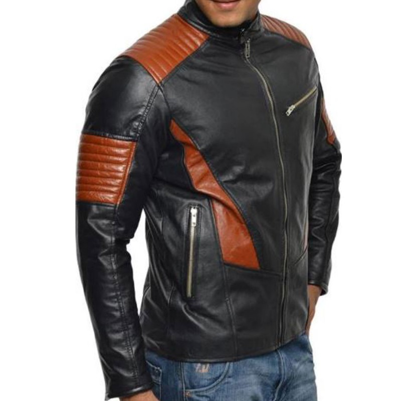 Men's FJM528 Biker Brown Design Black Leather Jacket Men's FJM528 Biker Brown Design Black Leather Jacket