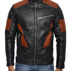 Men's FJM528 Biker Brown Design Black Leather Jacket