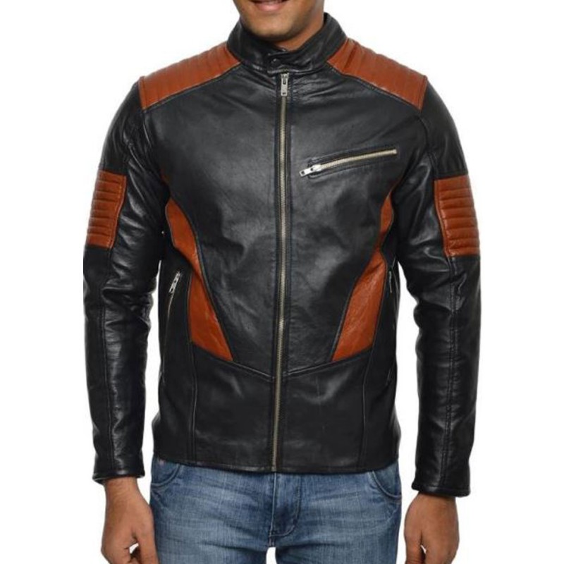 Men's FJM528 Biker Brown Design Black Leather Jacket Men's FJM528 Biker Brown Design Black Leather Jacket