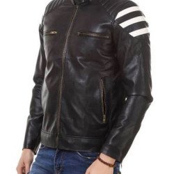 Men's FJM541 Biker Zipper Pockets White Striped Black Leather Jacket