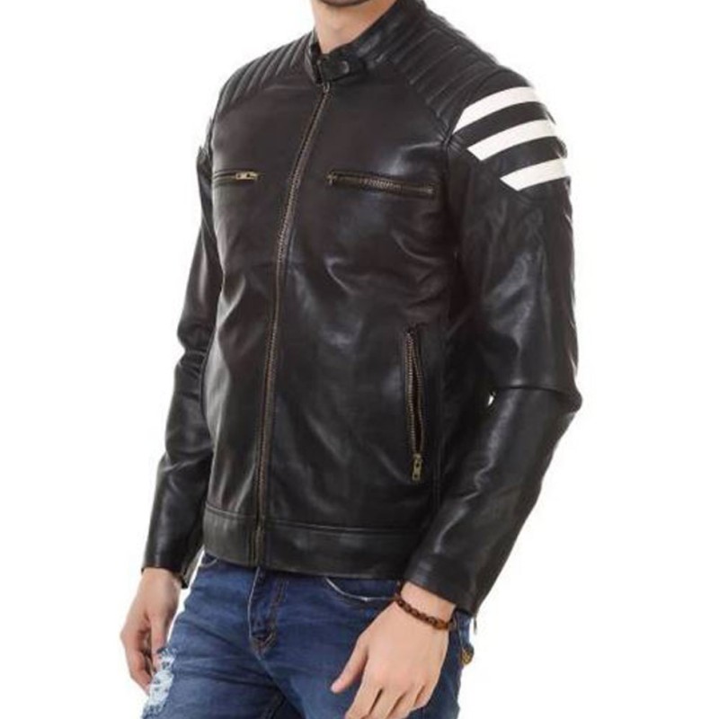 Men's FJM541 Biker Zipper Pockets White Striped Black Leather Jacket Men's FJM541 Biker Zipper Pockets White Striped Black Leather Jacket