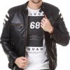 Men's FJM541 Biker Zipper Pockets White Striped Black Leather Jacket Men's FJM541 Biker Zipper Pockets White Striped Black Leather Jacket