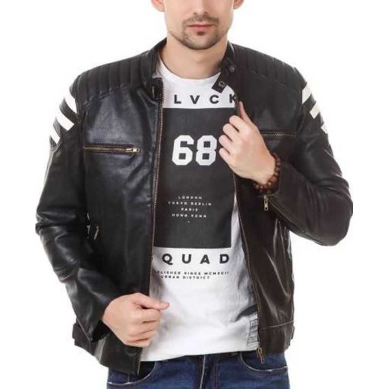 Men's FJM541 Biker Zipper Pockets White Striped Black Leather Jacket Men's FJM541 Biker Zipper Pockets White Striped Black Leather Jacket