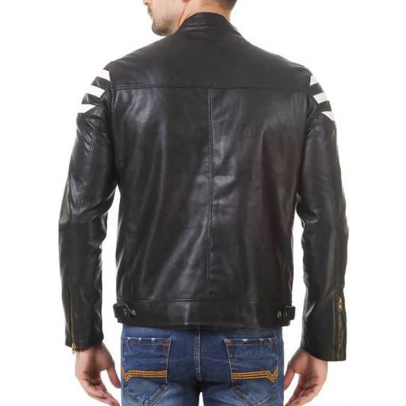 Men's FJM541 Biker Zipper Pockets White Striped Black Leather Jacket Men's FJM541 Biker Zipper Pockets White Striped Black Leather Jacket