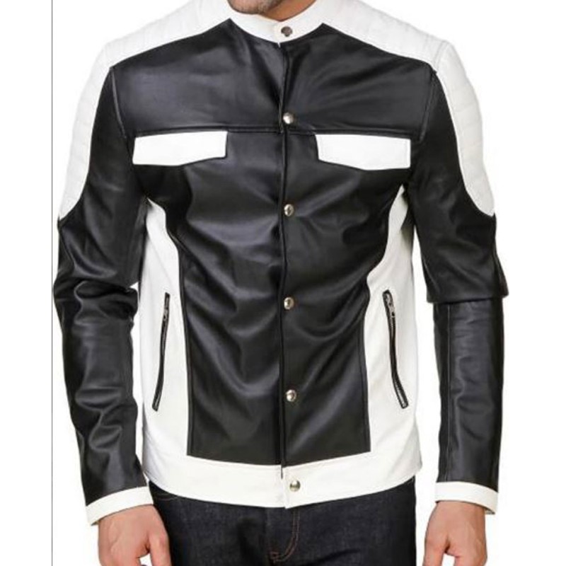 Men's FJM558 Shirt Style Black and White Leather Jacket