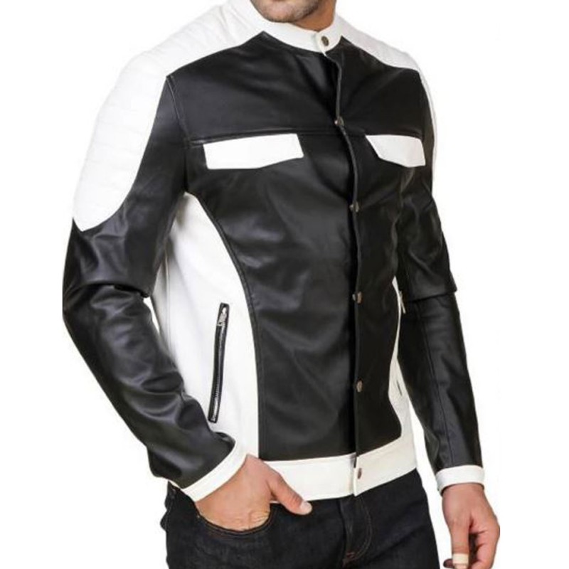 Men's FJM558 Shirt Style Black and White Leather Jacket Men's FJM558 Shirt Style Black and White Leather Jacket
