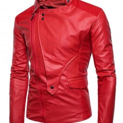 Men's FJM592 Asymmetrical Motorcycle Slim Fit Red Leather Jacket
