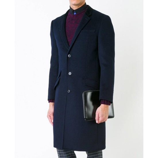 Men's Navy Blue Flap Pockets Wool Coat