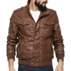 Men's Bomber Four Pockets Brown Leather Jacket