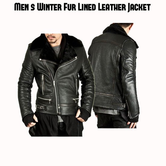 Men's Asymmetrical Zipper Fur Lined Black Leather Jacket