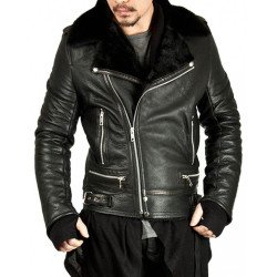 Men's Asymmetrical Zipper Fur Lined Black Leather Jacket
