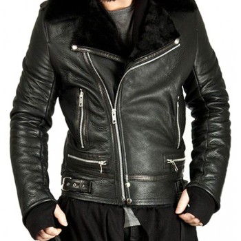 Men's Asymmetrical Zipper Fur Lined Black Leather Jacket