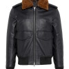Men's Grain Black Leather Bomber Jacket with Brown Faux Fur Collar