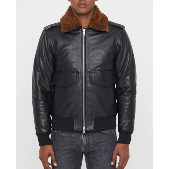 Men's Grain Black Leather Bomber Jacket with Brown Faux Fur Collar