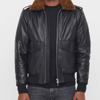 Men's Grain Black Leather Bomber Jacket with Brown Faux Fur Collar