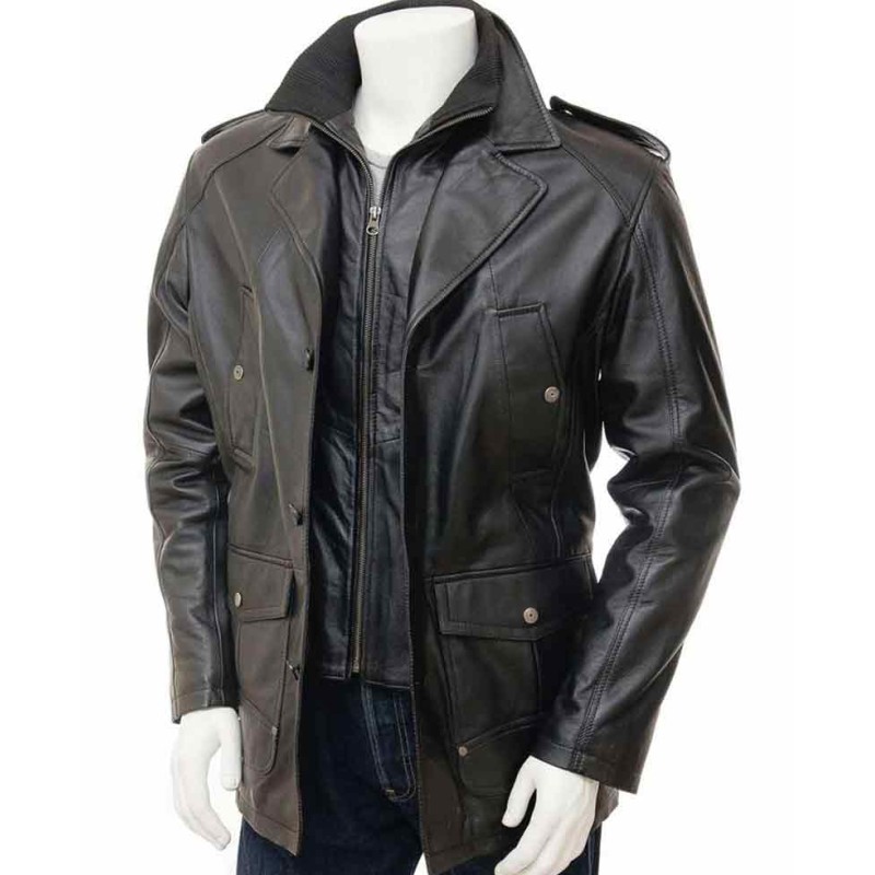 Men's High Neck Collar Black Peacoat