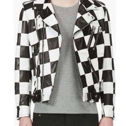Men's Belted Checkerboard Leather Jacket