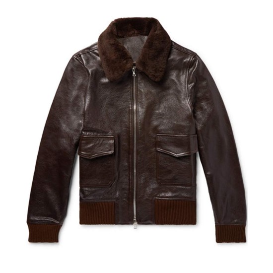 Men's John Bomber Brown Leather Jacket with Fur Collar