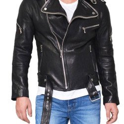 Men's Double Zip Collar Lambskin Black Leather Biker Jacket