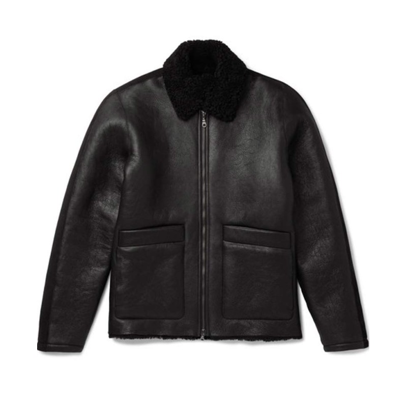 Men's Large Pockets Style Fur Collar Shearling Black Leather Jacket Men's Large Pockets Style Fur Collar Shearling Black Leather Jacket