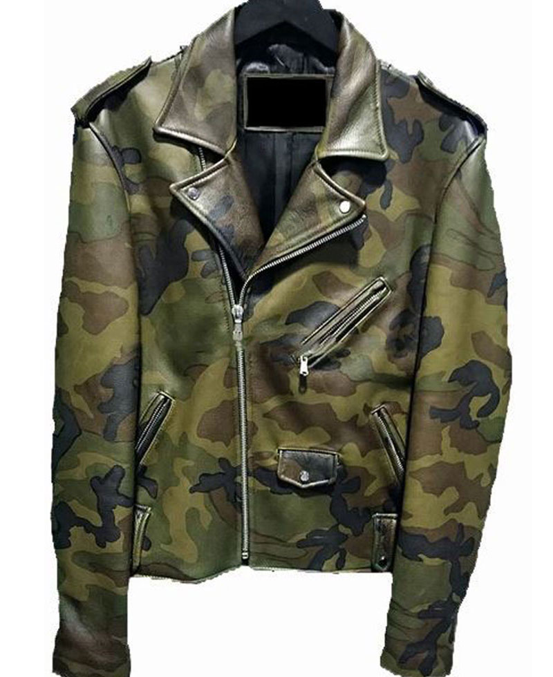 Men s Military Print Camouflage Leather Jacket