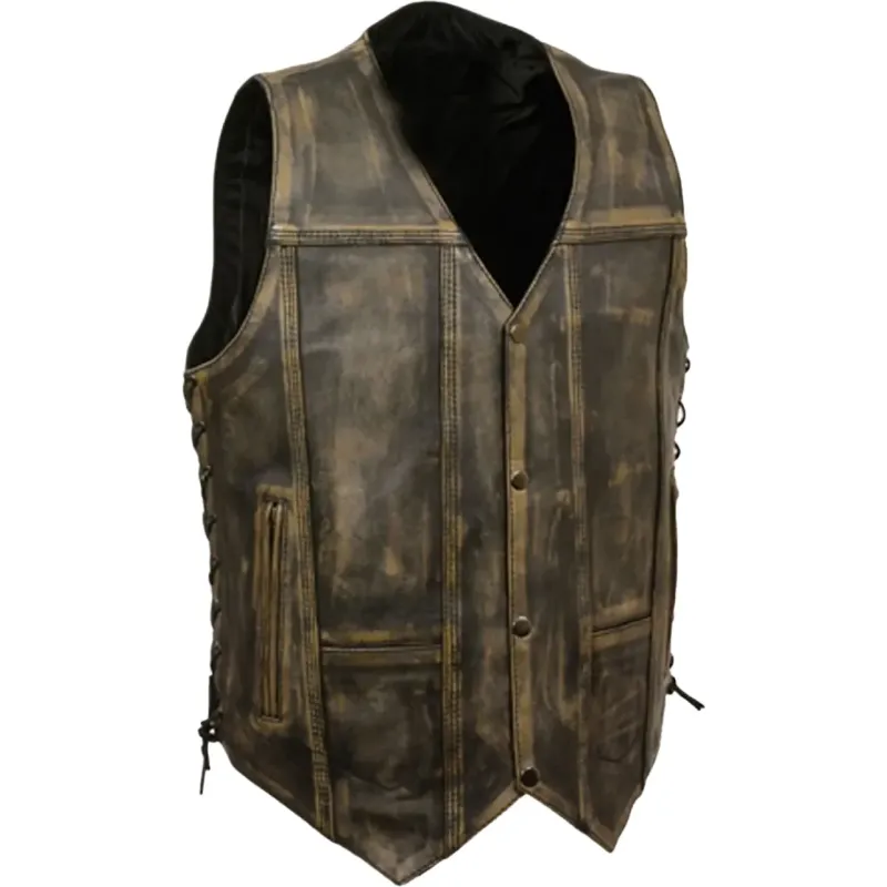 Men's Side Lace Distressed Brown Leather Motorcycle Vest Men's Side Lace Distressed Brown Leather Motorcycle Vest
