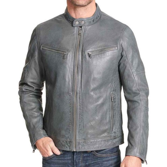 Men's Mock Collar Zipper Pockets Grey Leather Motorcycle Jacket