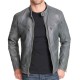 Men's Mock Collar Zipper Pockets Grey Leather Motorcycle Jacket