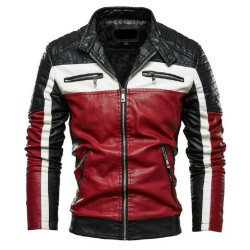 Men's Black White and Red Slim Fit Leather Biker Jacket 
