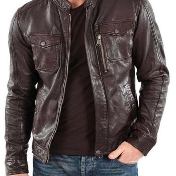 Men's Casual Biker Style Dark Brown Leather Jacket