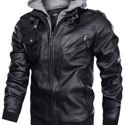 Men's Bomber Motorcycle Black Leather Jacket with Hood