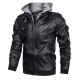 Men's Bomber Motorcycle Black Leather Jacket with Hood