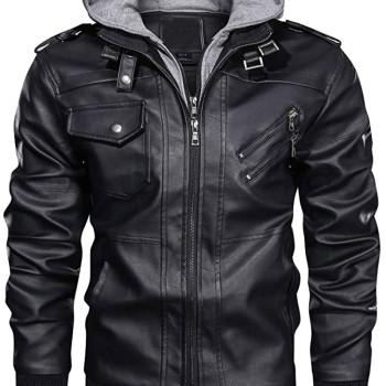 Men's Bomber Motorcycle Black Leather Jacket with Hood