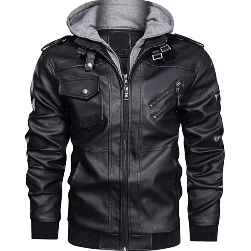 Men's Bomber Motorcycle Black Leather Jacket with Hood Men's Bomber Motorcycle Black Leather Jacket with Hood