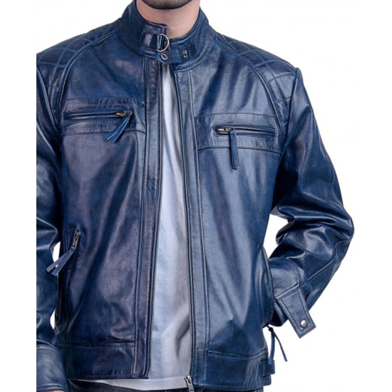 Men's Biker Cafe Racer Blue Quilted Leather Jacket