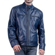 Men's Biker Cafe Racer Blue Quilted Leather Jacket