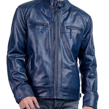 Men's Biker Cafe Racer Blue Quilted Leather Jacket