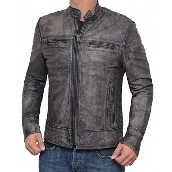 Men's Cafe Racer Motorcycle Grey Leather Jacket