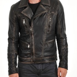 Men's Biker Asymmetrical Zipper Waxed Brown Leather Jacket