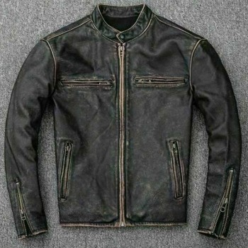 Men's Faded Black Leather Motorcycle Jacket