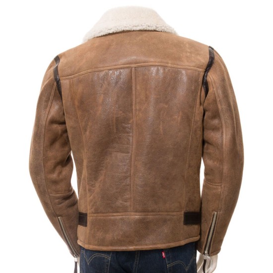 Men’s Motorcycle Asymmetrical Brown Distressed Leather Shearling Jacket