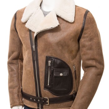 Men’s Motorcycle Asymmetrical Brown Distressed Leather Shearling Jacket