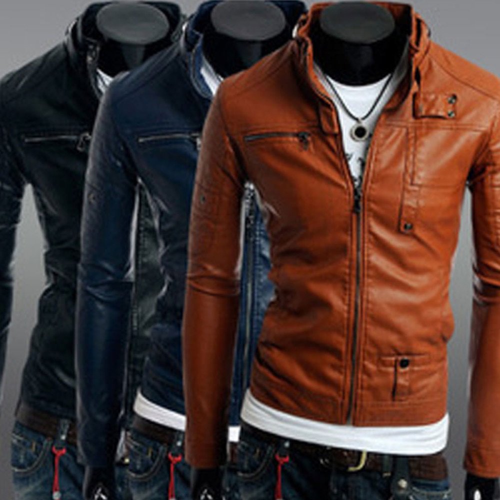 Men's Multi Colors Stand Collar Slim Fit Faux Leather Jacket - FilmsJackets