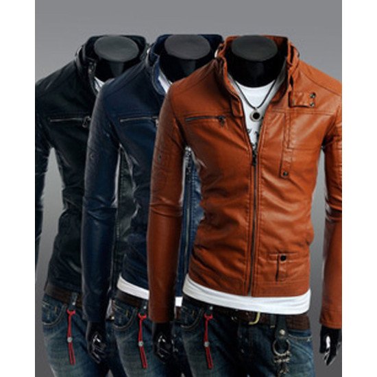 Men's Multi Colors Stand Collar Slim Fit Faux Leather Jacket