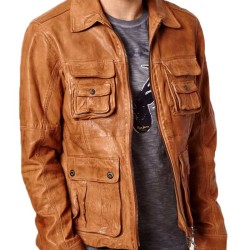 Men's Multi Pockets Casual Tan Brown Leather Jacket